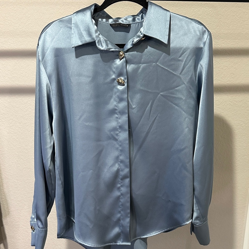 Zara Light Blue Satin Button Down Shirt